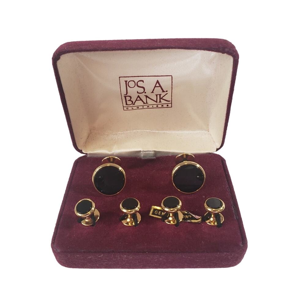 Jos. A. Bank Onyx Cufflink & Stud Set Gold Tone Classic Formal